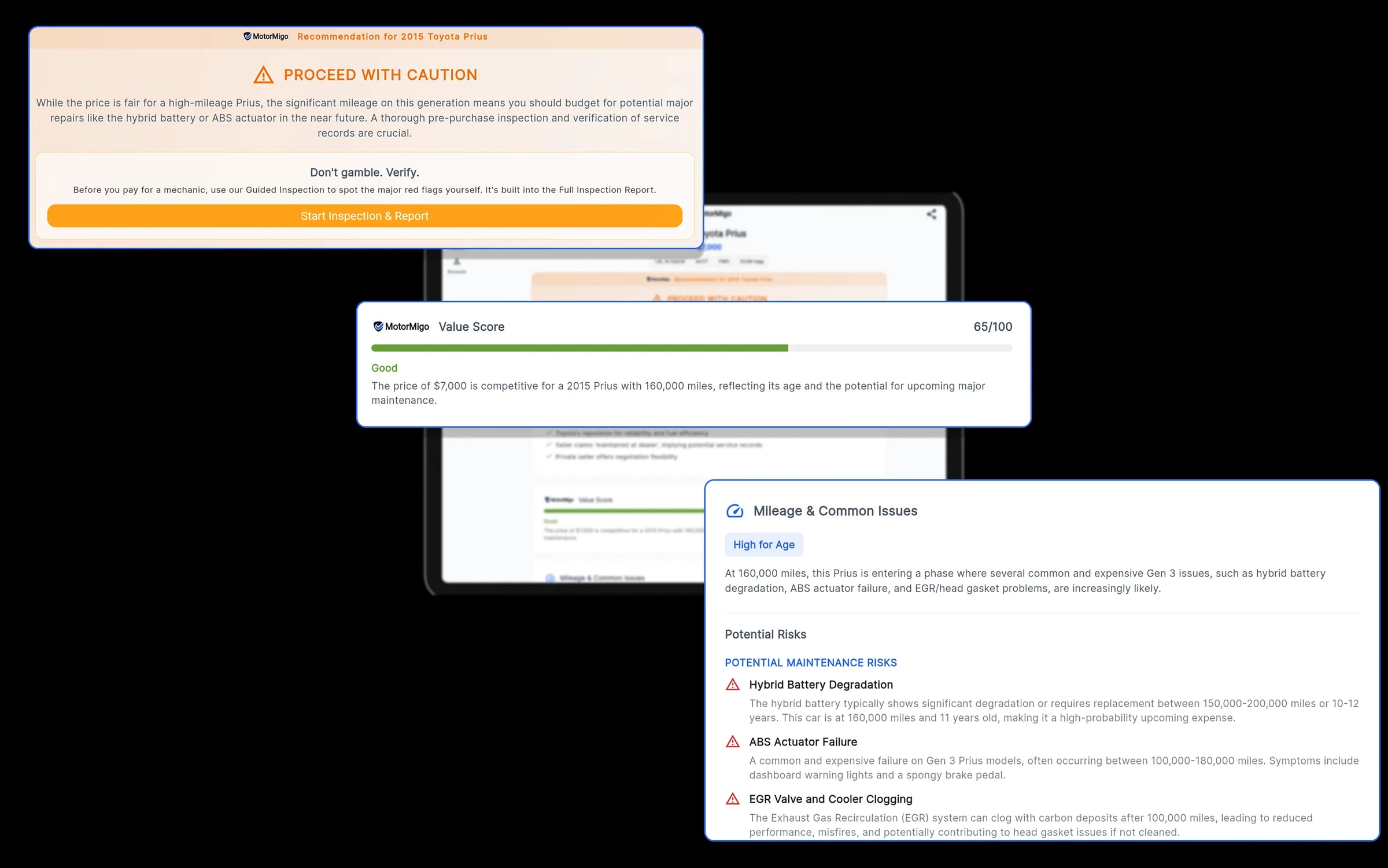 MotorMigo listing assessment result with risk level and estimated price range