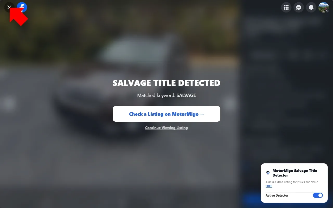 MotorMigo extension highlighting salvage titles in the search grid