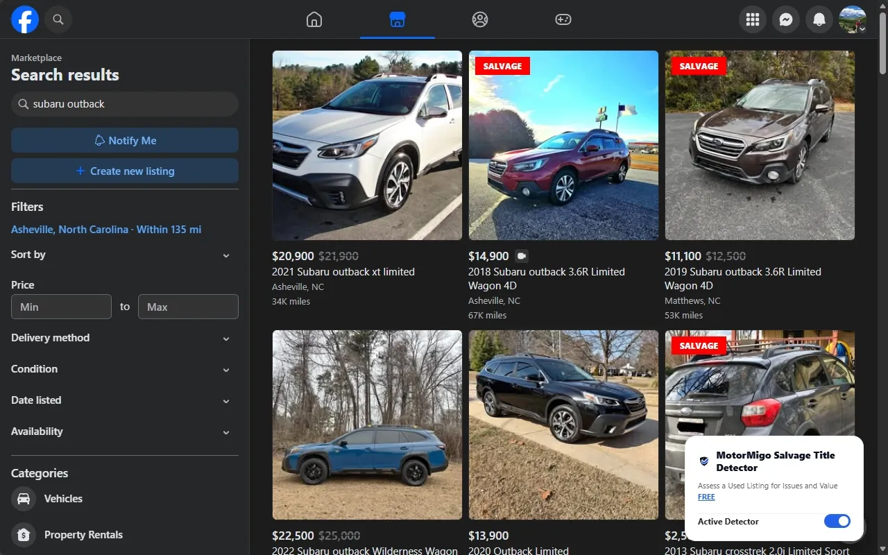 MotorMigo extension blocking a salvage listing